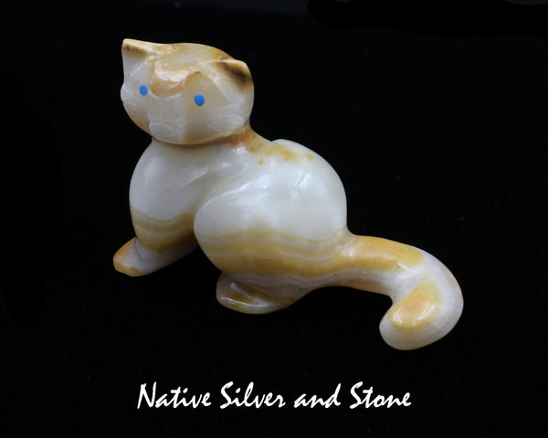 Z Domestic Cat<br>Zuni Fetish Carving<br>Rosella Soseah<br>Banded Agate with Turquoise Accents