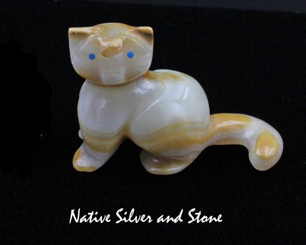 Z Domestic Cat<br>Zuni Fetish Carving<br>Rosella Soseah<br>Banded Agate with Turquoise Accents