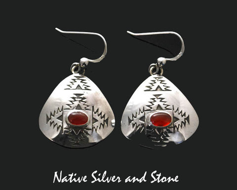 Z Rosella Sandoval - Apache Jewelry<br>Handmade Earrings - French Wire<br>Carnelian Ovals in Stamped Sterling Triangle