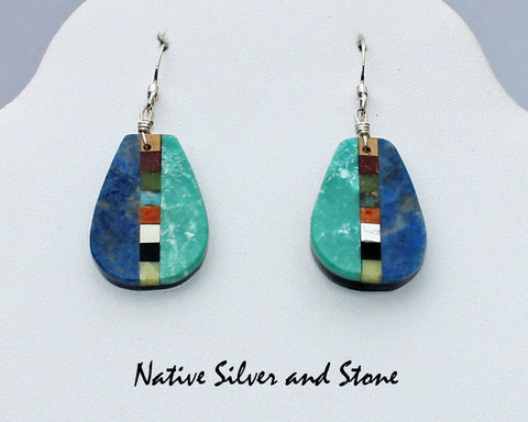 Z Rudy & Mary Coriz<br>Santo Domingo/Ke-Wa Jewelry<br>Medium Small Earrings - French Wire Pear<br>Denim Lapis, Turquoise 50/50 w Linear Mosaic Strip
