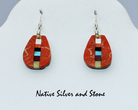 Z Rudy & Mary Coriz<br>Santo Domingo/Ke-Wa<br>3/4" Earrings<br>Pear Shape - Apple Coral 50/50<br>Linear Mosaic Strip<br>Hook<br>Sterling Silver