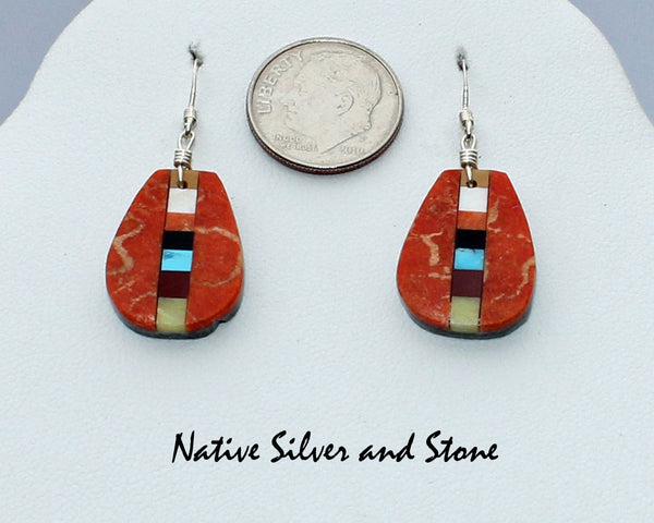 Z Rudy & Mary Coriz<br>Santo Domingo/Ke-Wa<br>3/4" Earrings<br>Pear Shape - Apple Coral 50/50<br>Linear Mosaic Strip<br>Hook<br>Sterling Silver