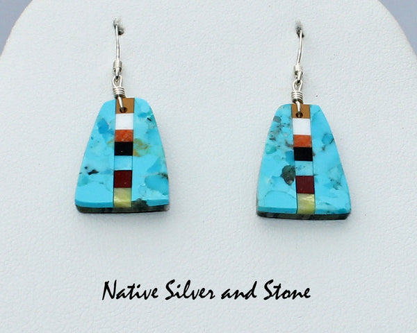 Rudy & Mary Coriz<br>Santo Domingo/Ke-Wa<br>3/4" Earrings<br>Bell Shape - Turquoise 50/50<br>Linear Mosaic Strip<br>Hook<br>Sterling Silver