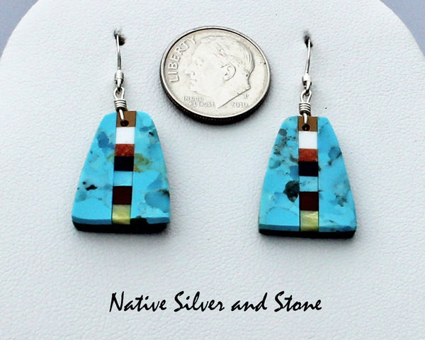 Rudy & Mary Coriz<br>Santo Domingo/Ke-Wa<br>3/4" Earrings<br>Bell Shape - Turquoise 50/50<br>Linear Mosaic Strip<br>Hook<br>Sterling Silver