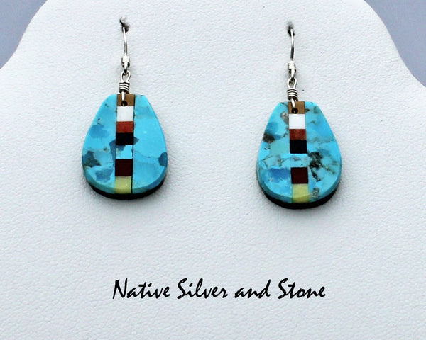 Z Rudy & Mary Coriz<br>Santo Domingo/Ke-Wa<br>3/4" Earrings<br>Pear Shape -Turquoise 50/50<br>Linear Mosaic Strip<br>Hook<br>Sterling Silver