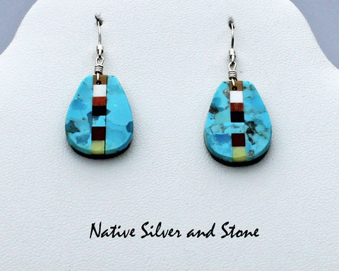 Z Rudy & Mary Coriz<br>Santo Domingo/Ke-Wa<br>3/4" Earrings<br>Pear Shape -Turquoise 50/50<br>Linear Mosaic Strip<br>Hook<br>Sterling Silver
