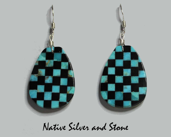 Z Rudy & Mary Coriz<br>Santo Domingo/Ke-Wa Jewelry<br>Earrings - French Wire Pear<br>Turquoise & Jet - Checkboard