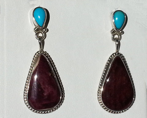 Running Bear Shop-Navajo Jewelry<br>Earrings - Dangle Post<br>Double Teardrop-Large<br>Purple Spiny Oyster<br>Sleeping Beauty Turquoise Accents<br>Sterling Silver