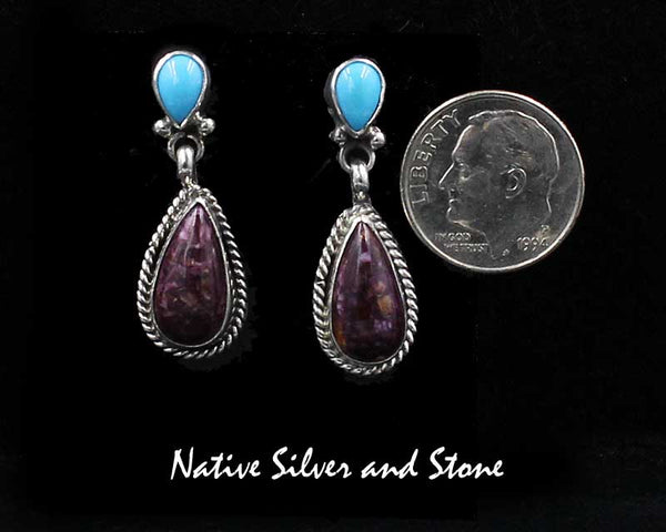 Running Bear Shop - Navajo Jewelry<br>Earrings - 1-1/4" Dangle Post<br>Double Teardrop - Small<br>Purple Spiny with<br>Sleeping Beauty Turquoise<br>Twist & Dots<br>Sterling Silver