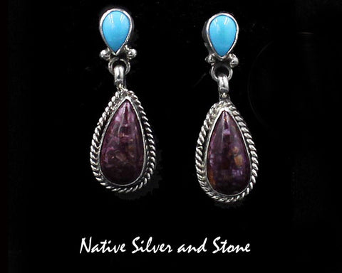Running Bear Shop - Navajo Jewelry<br>Earrings - 1-1/4" Dangle Post<br>Double Teardrop - Small<br>Purple Spiny with<br>Sleeping Beauty Turquoise<br>Twist & Dots<br>Sterling Silver