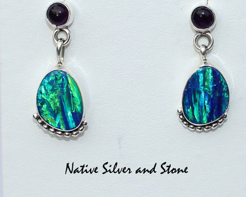 Z Running Bear (Navajo)<br>Earrings-Dangle Post<br>Blue-Green Imitation Opal<br>with Amethyst Dot and<br> Silver Bead Accents