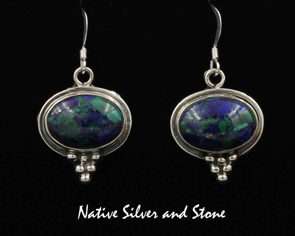 Z Running Bear Shop- Navajo<br>11/16" Earrings<br>10mm Azurite Horizontal Ovals<br>Bead Accents<br>Hook<br>Sterling Silver