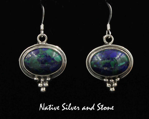 Z Running Bear Shop- Navajo<br>11/16" Earrings<br>10mm Azurite Horizontal Ovals<br>Bead Accents<br>Hook<br>Sterling Silver