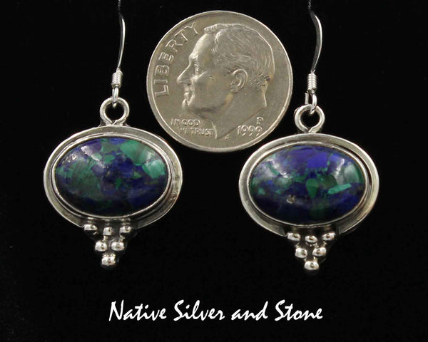 Z Running Bear Shop- Navajo<br>11/16" Earrings<br>10mm Azurite Horizontal Ovals<br>Bead Accents<br>Hook<br>Sterling Silver