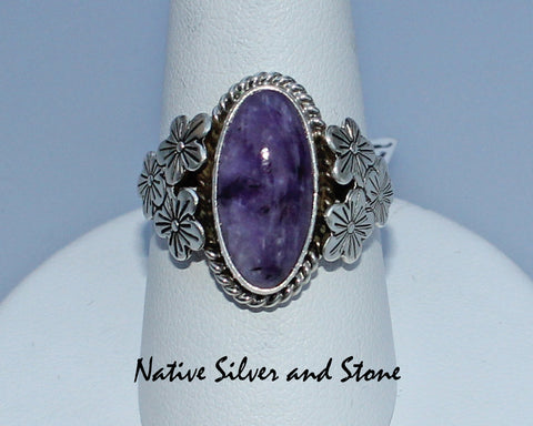 Ruth Ann Begay<br>Navajo<br>Ring - Charoite Oval in<br>Flowered Sterling Setting<br>Sizes 8.75