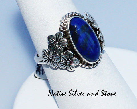 Ruth Ann Begay<br>Navajo<br>Ring - Lapis Oval in<br>Flowered Sterling Setting<br>Sizes 7.25
