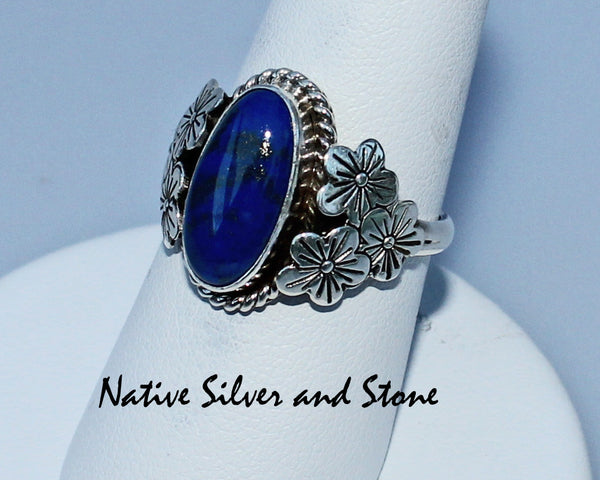 Ruth Ann Begay<br>Navajo<br>Ring - Lapis Oval in<br>Flowered Sterling Setting<br>Sizes 7.25
