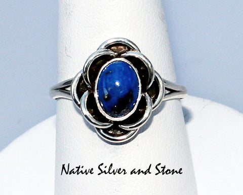 Ruth Ann Begay - Navajo<br>Ring - Denim Lapis Oval in<br>3D Flower Sterling Setting<br>Bead & Twist Wire Perimeter<br>Size 8.5