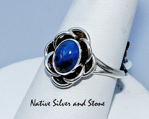 Ruth Ann Begay - Navajo<br>Ring - Denim Lapis Oval in<br>3D Flower Sterling Setting<br>Bead & Twist Wire Perimeter<br>Size 8.5
