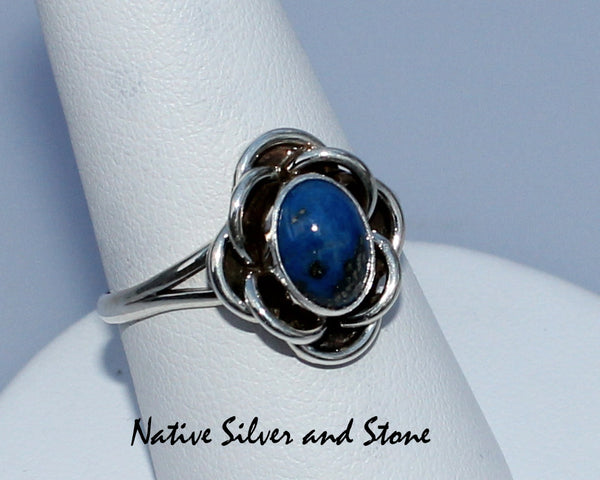 Ruth Ann Begay - Navajo<br>Ring - Denim Lapis Oval in<br>3D Flower Sterling Setting<br>Bead & Twist Wire Perimeter<br>Size 8.5