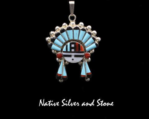 Z Ruth Lonjose - Zuni<br>1-5/16" Pendant<br>Sunface<br>Channel Inlay<br>Turquoise, White Mother of Pearl, <br>Jet, & Coral<br>Sterling Silver