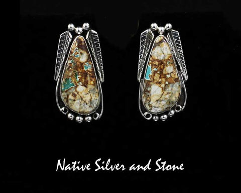 Z Ruth Ann Begay - Navajo Jewelry<br>Handmade Earrings- Post<br>Natural Boulder Turquoise<br>Sterling Accents