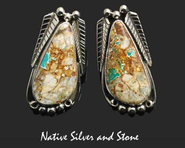 Z Ruth Ann Begay - Navajo Jewelry<br>Handmade Earrings- Post<br>Natural Boulder Turquoise<br>Sterling Accents