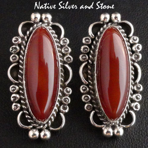 Ruth Ann Begay - Navajo<br>Earrings - Post/Stud<br>Carnelian Ovals with<br>Sterling Silver Filagree & Dots Perimeter