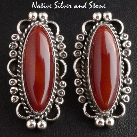 Ruth Ann Begay - Navajo<br>Earrings - Post/Stud<br>Carnelian Ovals with<br>Sterling Silver Filagree & Dots Perimeter