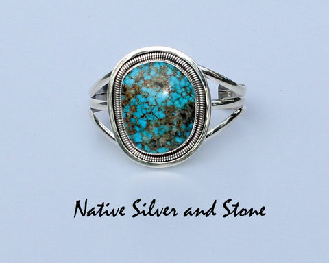 Wydell Billie<br>Navajo Jewelry<br>Bracelet - Cuff<br>Blue Kingman Large Oval Turquoise<br>Sterling Silver Coil Wire Accents 6-1/2 (Medium)
