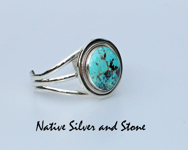 Wydell Billie<br>Navajo Jewelry<br>Bracelet - Cuff<br>Blue Kingman Round Turquoise<br>Sterling Silver Coil Wire Accents<br>6-5/16" (Medium)