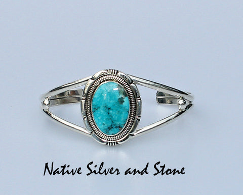 Z Wydell Billie<br>Navajo Jewelry<br>Bracelet - Cuff<br>Blue Kingman Oval Turquoise<br>Sterling Silver Coil Wire Accents 6-1/2 (Medium)