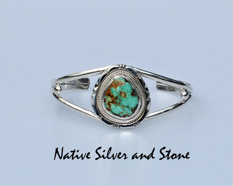 Z Wydell Billie<br>Navajo Jewelry<br>Bracelet - Cuff<br>Kingman Triangle Turquoise<br>Sterling Silver Coil Wire Accents<br>Size 6-1/2 (Medium)