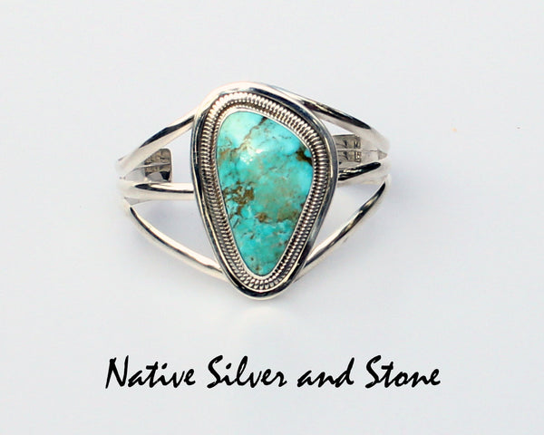 Wydell Billie<br>Navajo Jewelry<br>Bracelet - Cuff<br>Kingman Triangle Turquoise<br>Sterling Silver Coil Wire Accents<br>Size 6-1/2 (Medium)
