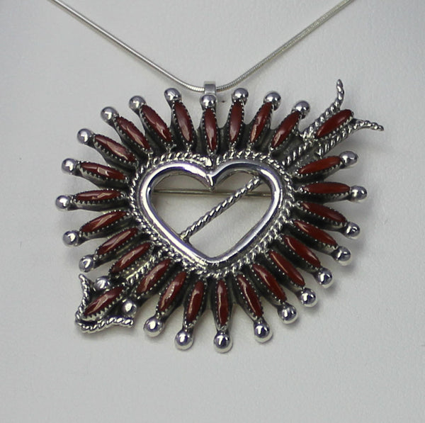 Z Dan Etsate - Zuni<br>Pendant/Pin (Only) Needlepoint Coral<br>Heart w Angled Sterling Silver Arrow