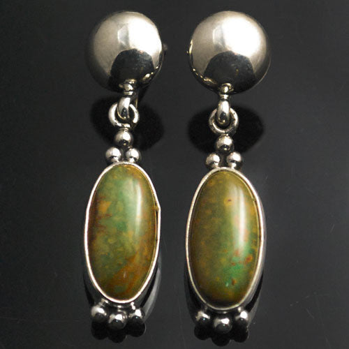 Etta Enditto - Navajo Jewelry<br>Earrings - Dangle Post<br>Kingman Turquoise<br>Stabilized Olive Green Ovals<br>with Sterling Silver Accents
