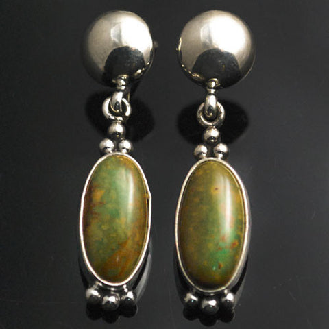Etta Enditto - Navajo Jewelry<br>Earrings - Dangle Post<br>Kingman Turquoise<br>Stabilized Olive Green Ovals<br>with Sterling Silver Accents