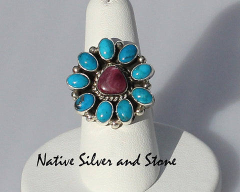 Miscellaneous Artist - Navajo Jewelry<br>Flower Design<br>Turquoise & Purple Spiny Oyster<br>Size 7