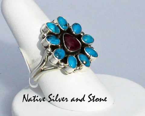 Z Miscellaneous Artist - Navajo Jewelry<br>Flower Design<br>Turquoise & Purple Spiny Oyster<br>Size 9