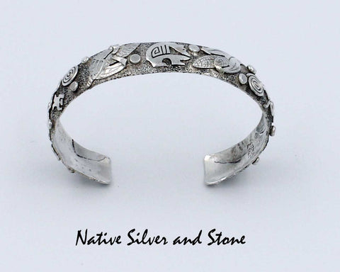 Z Scott Skeets - Navajo<br>1/2" Bracelet - Cuff<br>Overlay<Br>Bear & Petroglyph Storyteller<br>Sterling Silver<br> Size 6-9/16" (Medium)