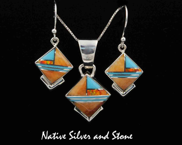 Cathy Webster & Elsie Armstrong - Navajo<br>Jewelry Set<br>Pendant & Earrings (Shepherd Hook)<br>Multi-Inlay Square on End with Bottom Accent<br>Orange Spiny, Turquoise, & Opal