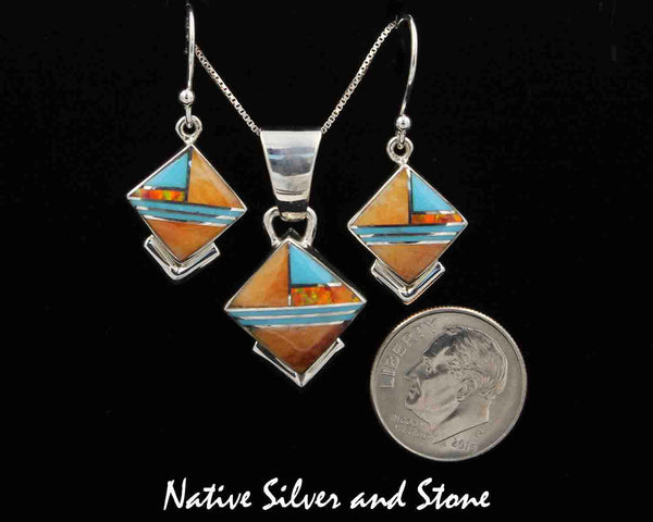 Cathy Webster & Elsie Armstrong - Navajo<br>Jewelry Set<br>Pendant & Earrings (Shepherd Hook)<br>Multi-Inlay Square on End with Bottom Accent<br>Orange Spiny, Turquoise, & Opal