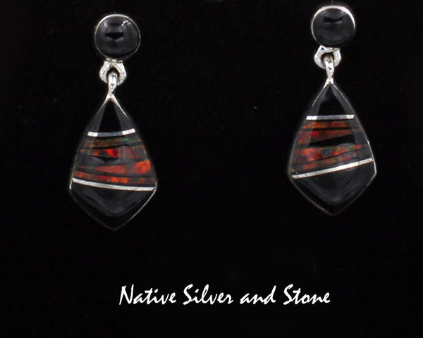 Z Sheryl Martinez - Navajo Jewelry<br>1" Earrings<br>Black Onyx & Black Cherry Opal<br>Soft Arrowhead<br>DanglePost<br>Sterling Silver