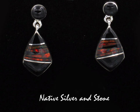 Z Sheryl Martinez - Navajo Jewelry<br>1" Earrings<br>Black Onyx & Black Cherry Opal<br>Soft Arrowhead<br>DanglePost<br>Sterling Silver