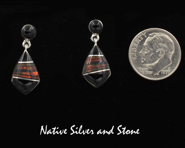Z Sheryl Martinez - Navajo Jewelry<br>1" Earrings<br>Black Onyx & Black Cherry Opal<br>Soft Arrowhead<br>DanglePost<br>Sterling Silver