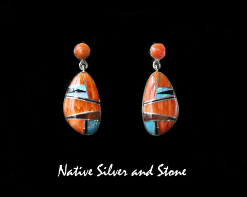 Z Sheryl Martinez - Navajo<br>1-1/4" Earrings<br>"Kidney"<br>Orange Spiny, Turquoise, Opal, Onyx<br>Dangle Post<br>Sterling Silver