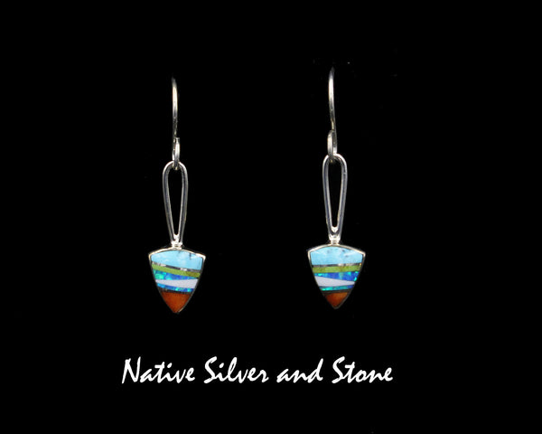 Z Sheryl Martinez - Navajo<br>1-1/4" Earrings<br>Mini-Arrowhead<br>Turquoise, Opal, Gaspiete<br>Hook<br>Sterling Silver
