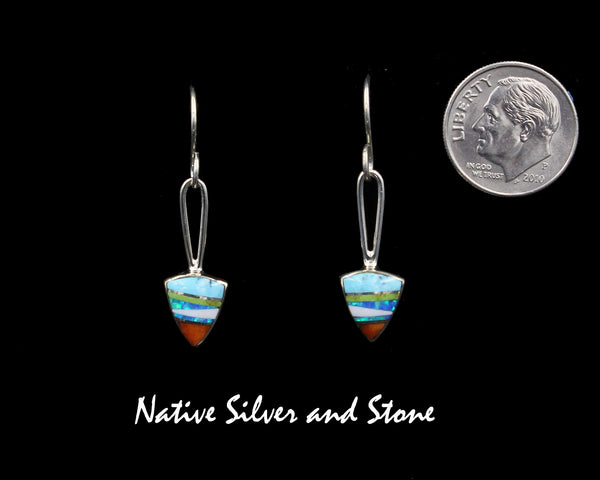Z Sheryl Martinez - Navajo<br>1-1/4" Earrings<br>Mini-Arrowhead<br>Turquoise, Opal, Gaspiete<br>Hook<br>Sterling Silver