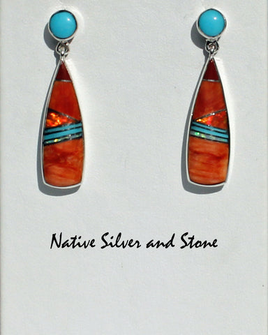 Z  Sheryl Martinez - Navajo Jewelry<br>Earrings - "Bowling Pin"<br>Dangle Post Multi-Inlay <br>Orange Spiny Oyster, Turquoise, Opal, Pipestone