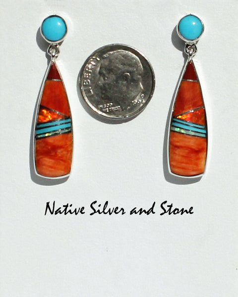 Z  Sheryl Martinez - Navajo Jewelry<br>Earrings - "Bowling Pin"<br>Dangle Post Multi-Inlay <br>Orange Spiny Oyster, Turquoise, Opal, Pipestone